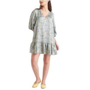 Black Tape V neck ruffle hem satin min dress baby doll peasant Sz m BOHO paisley